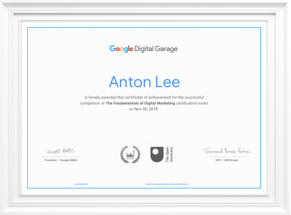 Certification Google Garage Digital Marketing Minor